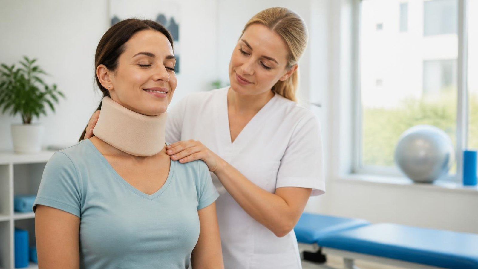Physical Therapist assisting a patient with a neck injury after a car accident